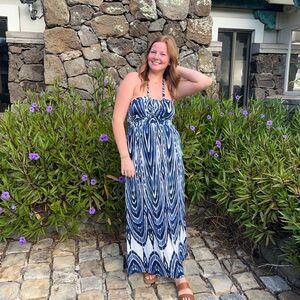 Soma Blue and White Sleeveless Halter Sundress Maxi